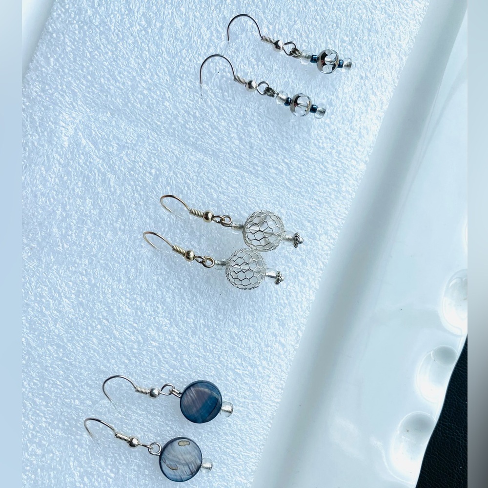 Elegant Three Pair Set of Silver, glass and blue-grey shell Earrings